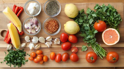 A flatlay of fresh produce and spices on a wooden cutting board.