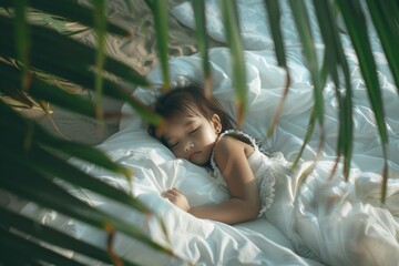 Wall Mural - Little girl taking serene nap lying her side feeling innocent. Innocent youth peacefully resting her side cozy vibes. Captures pure essence of youthful dreams and their calming effect.