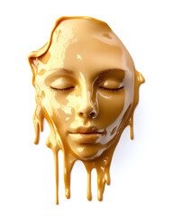 Wall Mural - Melted gold face mask on woman's face isolated on white background