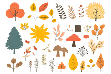 Poster - Hand drawn cartoon autumnal collection of yellow plants and leaves isolate don white background