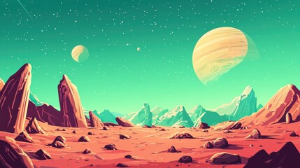 stylized martian terrain under a celestial sky. the illustration showcases a vibrant red desert land