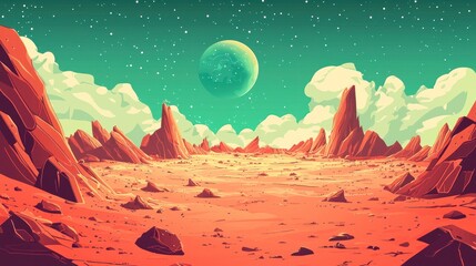 stylized martian terrain under a celestial sky. the illustration showcases a vibrant red desert land
