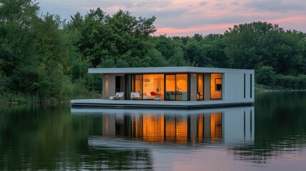 Wall Mural - Modern floating house reflecting in calm water at sunset.