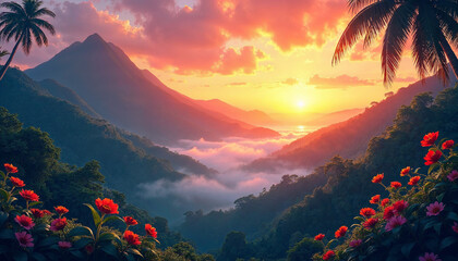 Sunrise over lush tropical mountains with golden rays through mist and vibrant flowers in the foreground.







