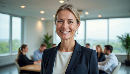 In a bright office, a confident businesswoman in formal attire stands out against a blurred meeting room.







