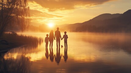 A family of four standing together at the edge of a calm lake, holding hands as they watch the golden sunset, with warm reflections on the water