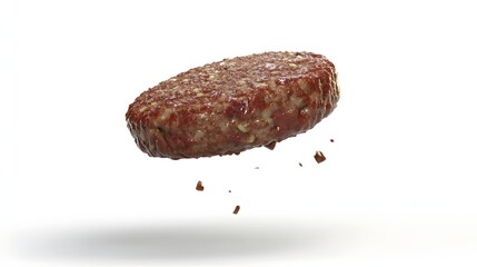 4. **A 3D render of a falling beef burger patty, its juicy texture and seasoning contrasted with a pure white background