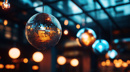 Poster - Close-up of a shining disco ball hanging in a dimly lit room with blurred lights in the background. The reflections and orange-blue color tones create a vibrant atmosphere.