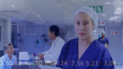 Poster - Animation of data processing and arrows over caucasian female doctor working in hospital