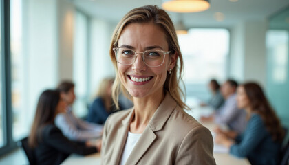 In a bright office, a confident businesswoman in formal attire stands out against a blurred meeting room.







