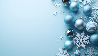 Christmas Background with blue ornaments and snowflakes