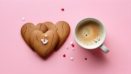 Valentines Day Bliss with Heart-Shaped Ginger Biscuits and Coffee on a Soft Pink Pastel Background