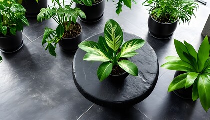 Wall Mural - Modern office workspace featuring a black stone table complemented by a potted green plant, showcasing a minimalist and stylish design from an aerial perspective.