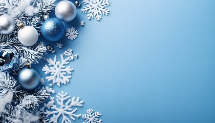 Christmas Background with blue ornaments and snowflakes