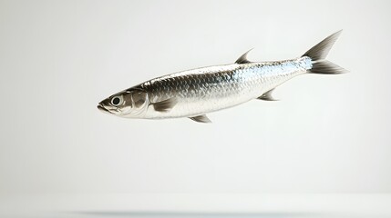 25. **A 3D render of a fresh herring falling, its shiny scales and streamlined body visible against a pristine white background