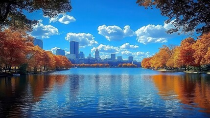 vibrant boston cityscape postcard iconic landmarks charles river foreground blue sky with fluffy clouds cheerful urban scene