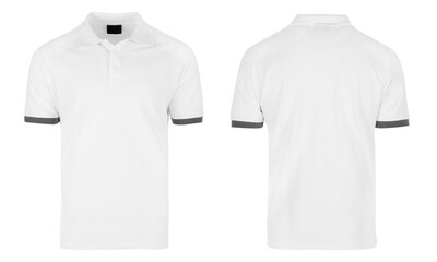 White polo shirt front and back with grey stripes on the sleeves