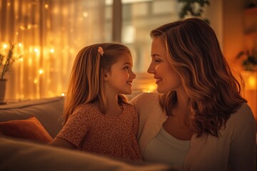 High-resolution brightly lit photorealistic candid photograph of a mother and daughter sharing a peaceful moment in a stylish, beautifully lit living room. The image is styled like a high-end