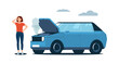 © lyudinka - Woman standing next to a broken down car with the hood open. Vector illustration.