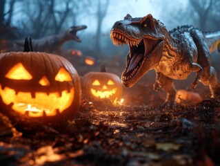 Jurassic Halloween Adventure: Dinosaurs in Spooky Costumes Roaming Through Prehistoric Landscape with Carved Pumpkins and Eerie Lighting