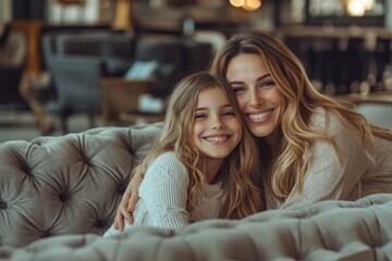 High-resolution brightly lit photorealistic candid photograph of a mother and daughter sharing smiles on a comfy couch in a stylish living room. The image is styled like a high-end lifestyle