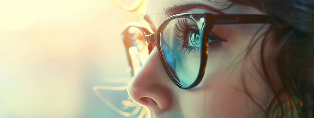 Close up portrait of young woman with glasses. Wide banner, copy space for text. Various projects. Beautiful girl wearing eyeglasses. Portrait caucasian lady in glasses satisfied ophthalmology service