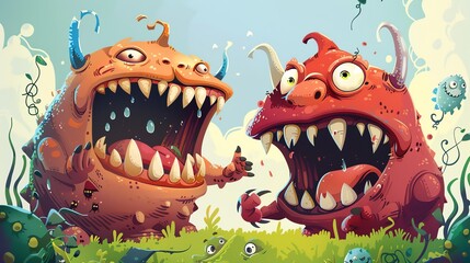 Two cartoon monsters with big mouths and sharp teeth are facing each other.