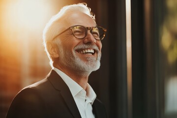 High-resolution brightly lit photorealistic candid photograph of a joyful senior businessman styled like a high-end lifestyle magazine. The bright and cheerful feel highlights his happiness.