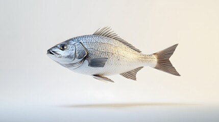 Wall Mural - 40. **A 3D render of a fresh sea bream falling, its shiny scales and body details visible against a clean white background