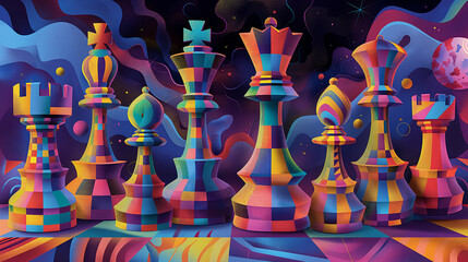  vibrant and colorful illustration of chess pieces, each with a unique design and color, set against an abstract background that evokes the essence of high technology in space exploration.