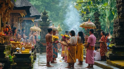 Vibrant cultural scene at a Balinese temple with people dressed in traditional attire, showcasing spiritual and cultural richness during a religious ceremony on a bright day.