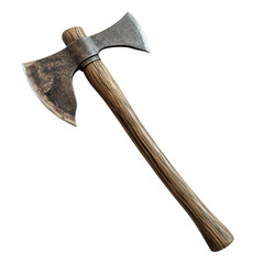 A beautifully crafted axe with a wooden handle resting on a pristine white background