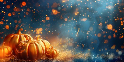 Sticker - Abstract background with Halloween pumpkins and golden glowing particles on a dark blue background creating a glitter effect.