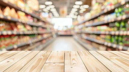 Grocery store table, Empty wooden shelf, counter over blur product shelves in supermarket with bokeh background, store product display montage, shop mockup, template poster banner