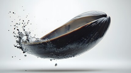 8. **A 3D render of a falling mussel, its dark shell and moist interior detailed against a pristine white backdrop