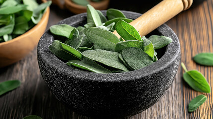 Canvas Print - A close-up shot of fresh sage leaves in a stone mortar with a wooden pestle, placed on a wooden surface. Another bowl with sage leaves is visible in the background.