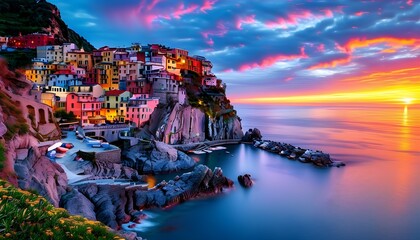 Charming coastal village at sunset with colorful buildings atop a cliff overlooking a tranquil ocean beneath a vivid sky