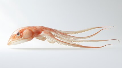 Wall Mural - 14. **A 3D render of a whole squid falling, its elongated body and tentacles set against a pristine white backdrop