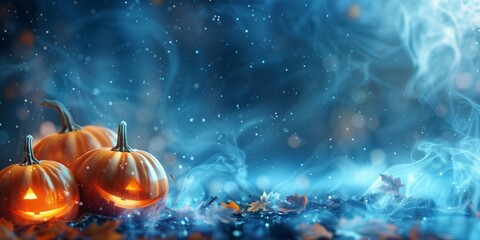 Sticker - Abstract background with Halloween pumpkins and white and blue mist on a dark background, minimalistic design.