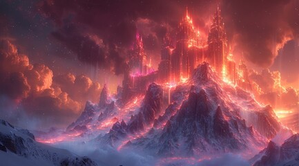 Fototapete - Burning City on a Mountain Peak.
