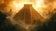 © julija - vintagestyle engraving of majestic aztec pyramid emerging from dense jungle intricate details and atmospheric shading
