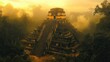 © julija - vintagestyle engraving of majestic aztec pyramid emerging from dense jungle intricate details and atmospheric shading