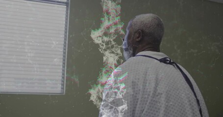 Poster - Animation of dna strand with connections over senior african american man in hospital
