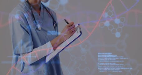 Poster - Animation of dna strand with data processing over african american female doctor taking notes