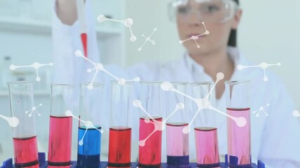 Poster - Animation of molecules over caucasian female scientist working in lab