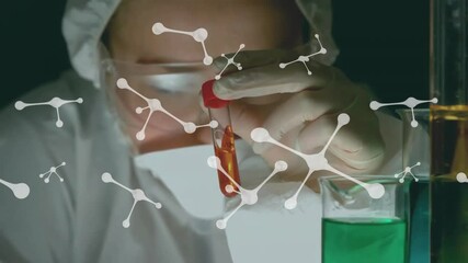 Poster - Animation of molecules over caucasian female scientist working in lab