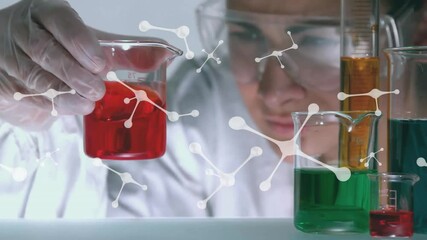 Poster - Animation of molecules over caucasian female scientist working in lab