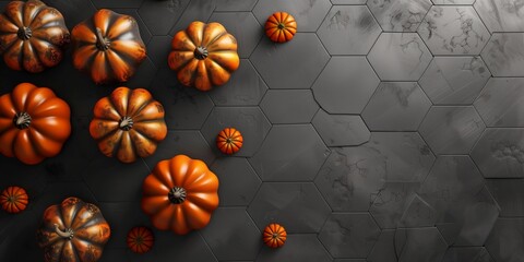 Wall Mural - Abstract background with Halloween pumpkins and hexagonal pattern on dark gray background with volumetric effect, minimalistic design.