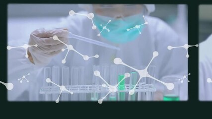 Poster - Animation of molecules over caucasian female scientist working in lab