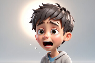 3d cartoon character boy crying gray background